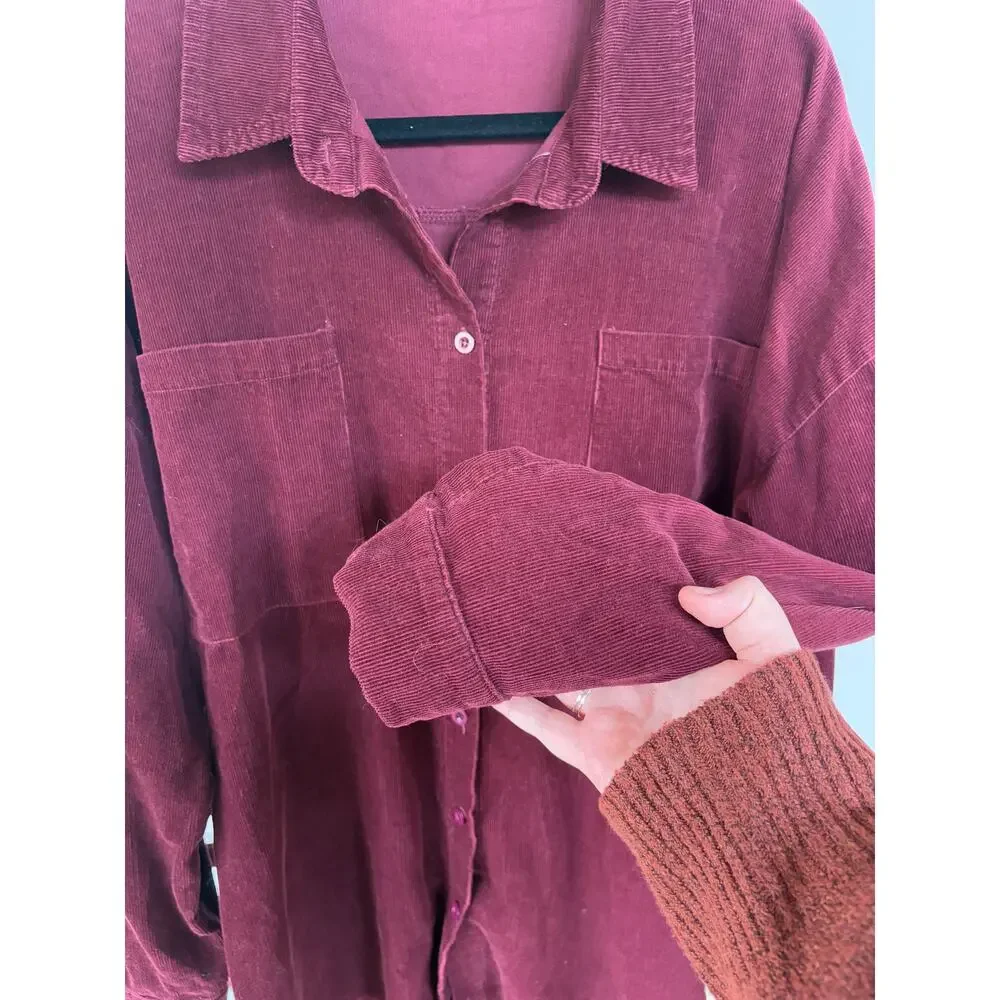 Corduroy Burgundy Velvety Shacket Raw Hem Alternative Grunge Barn Medium - Picture 6 of 9